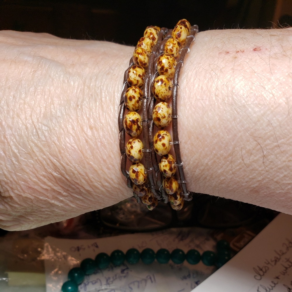 Handcrafted Leather Wrap Bracelet Czech Glass Beads Mother of Pearl Button